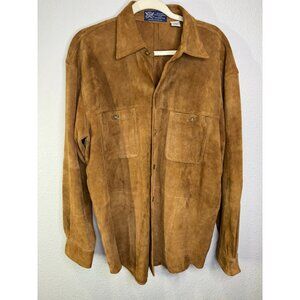 Mens Genuine Suede Leather Shirt Jacket Brown Size L Button Front Western Style